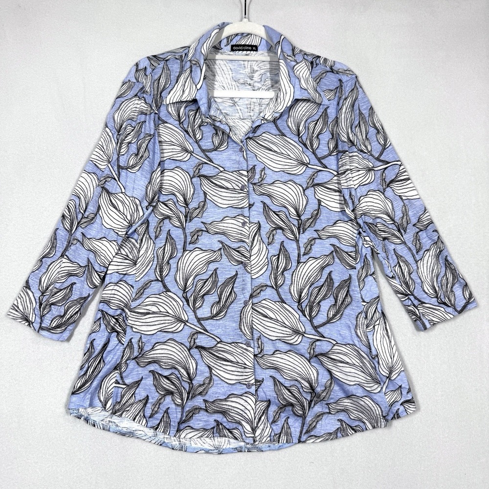David Cline Top Womens XL Leaf Print Snap Front Blouse Artsy‎ 3/4 Sleeve USA